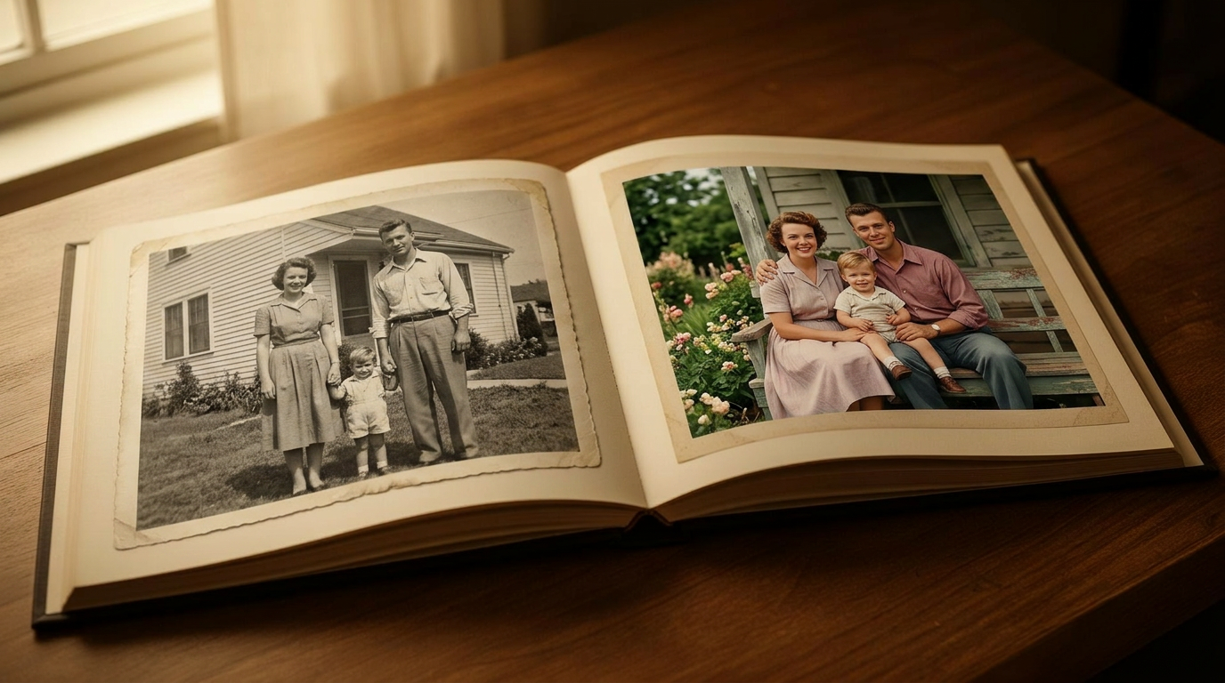 Open hardcover photo album showing a vintage family portrait restored and colorized on the facing page